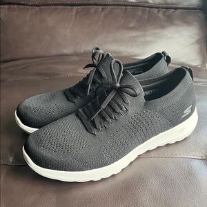 Skechers Woman’s Black Knit Mock Lace-Up Slip-On Sneakers with White Sole